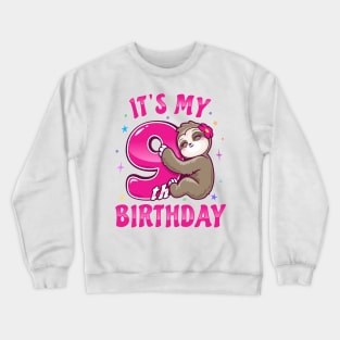 ''It's My 9th Birthday'' Girls Sloth Pink Crewneck Sweatshirt